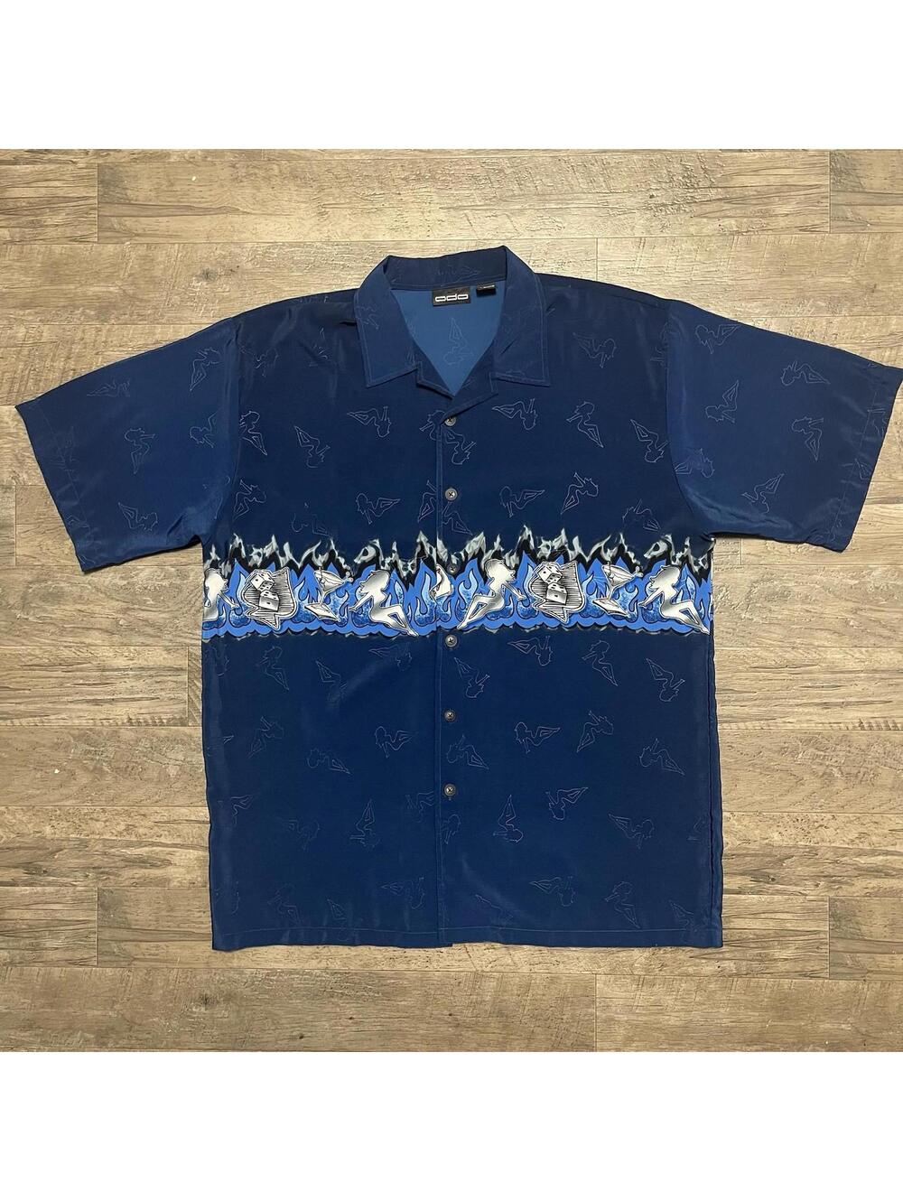 y2k All Over Print Oversized Button Up Short Sleeve Shirt Flaming Ladies Dice XL